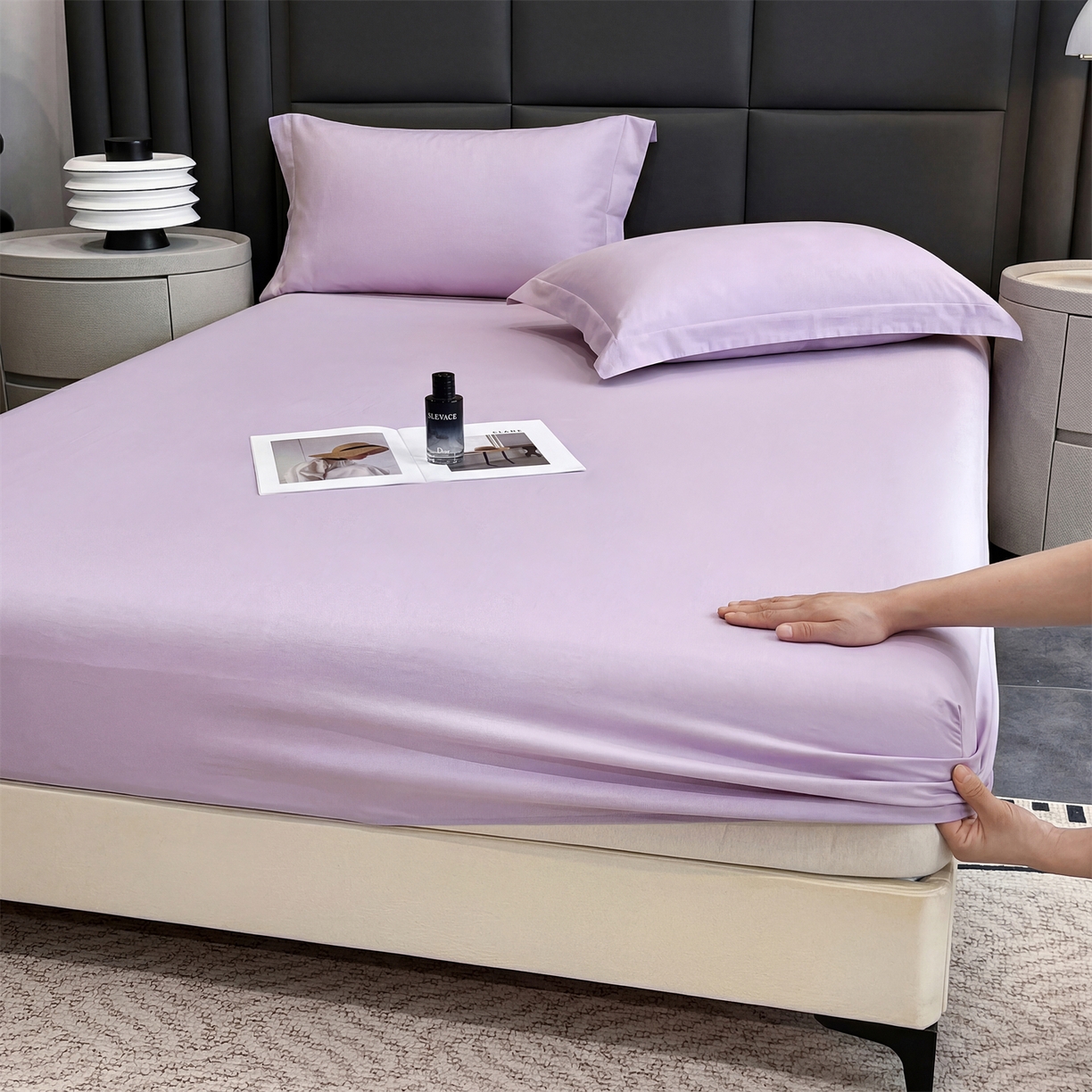 91家纺网 家纺一手货源 找家纺 慕木家纺 2026新款A类纯色印花慕丝棉床笠系列（抽空压缩可供跨境）（提供买家秀） 香薰紫