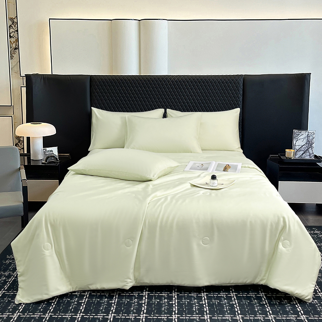 91家纺网 家纺一手货源 找家纺 尊妙被业 2026春夏新款莱赛尔天丝夏被蚕蛹蛋白夏被夏凉被空调被四件套-纯色款 艾绿