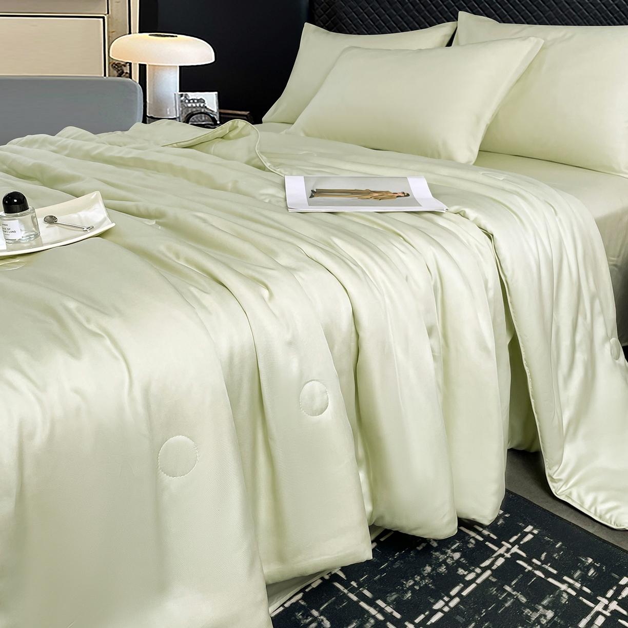 91家纺网 家纺一手货源 找家纺 尊妙被业 2026春夏新款莱赛尔天丝夏被蚕蛹蛋白夏被夏凉被空调被四件套-纯色款 艾绿