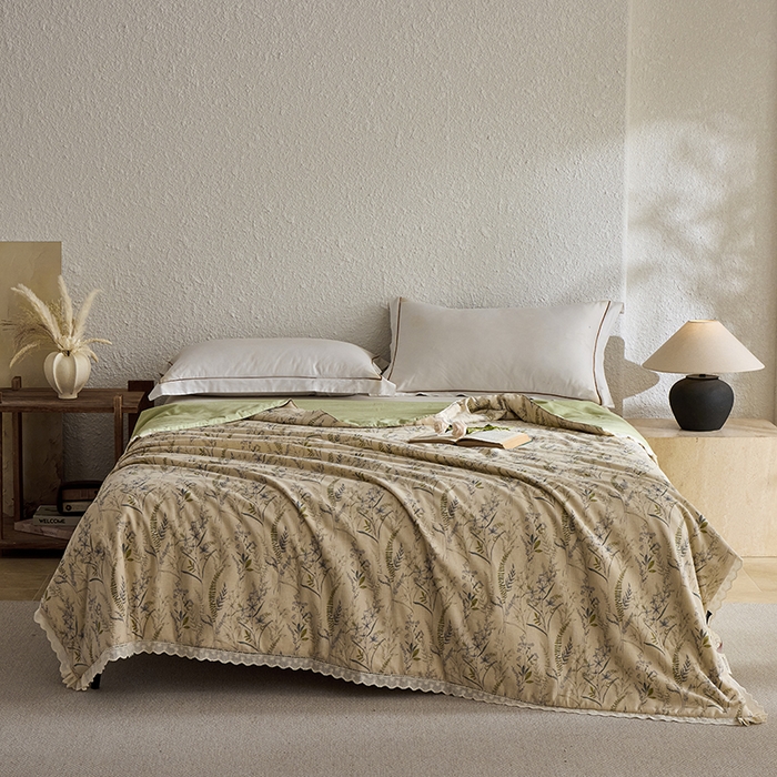 91家纺网 家纺一手货源 找家纺 蜜柚 2026新款麻本纪韩版复古雨露棉麻夏被夏凉被空调被 竹青绿