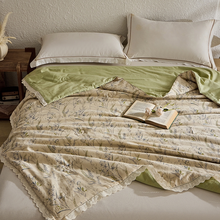 91家纺网 家纺一手货源 找家纺 蜜柚 2026新款麻本纪韩版复古雨露棉麻夏被夏凉被空调被 竹青绿