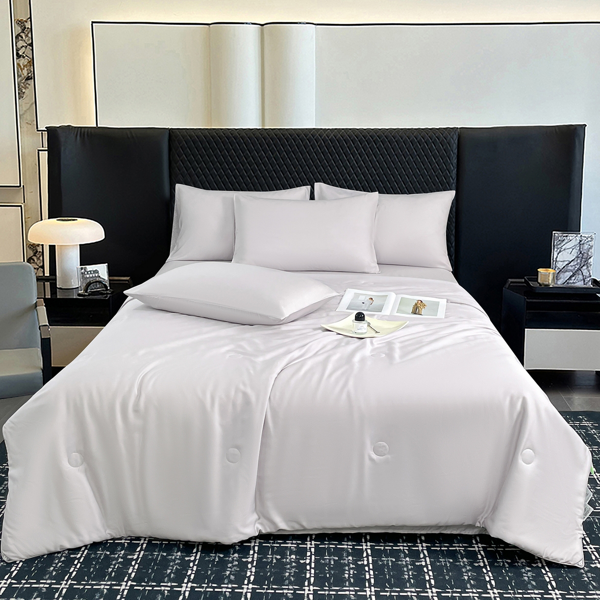 91家纺网 家纺一手货源 找家纺 尊妙被业 2026春夏新款莱赛尔天丝夏被蚕蛹蛋白夏被夏凉被空调被四件套-纯色款 花银灰