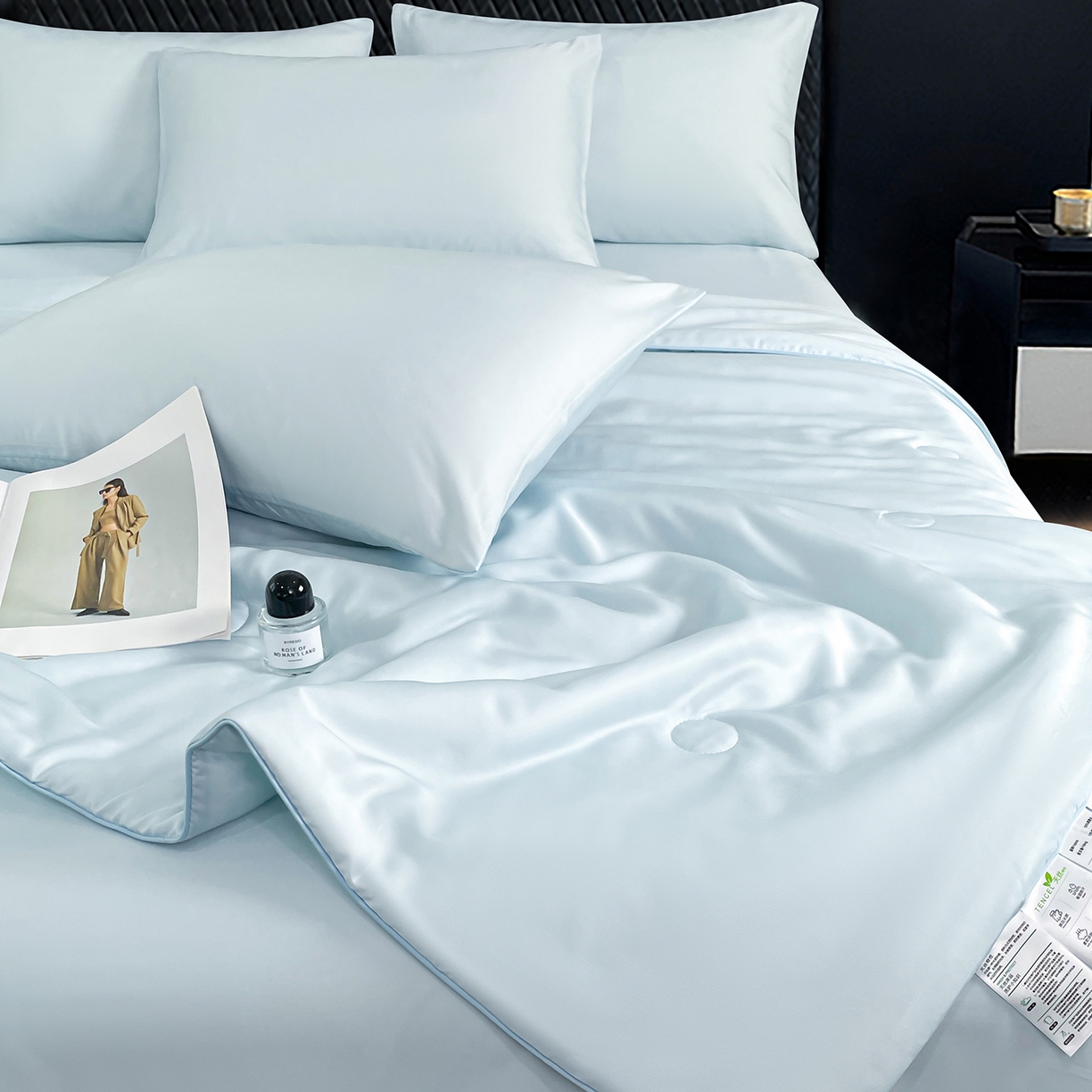 91家纺网 家纺一手货源 找家纺 尊妙被业 2026春夏新款莱赛尔天丝夏被蚕蛹蛋白夏被夏凉被空调被四件套-纯色款 静谧蓝