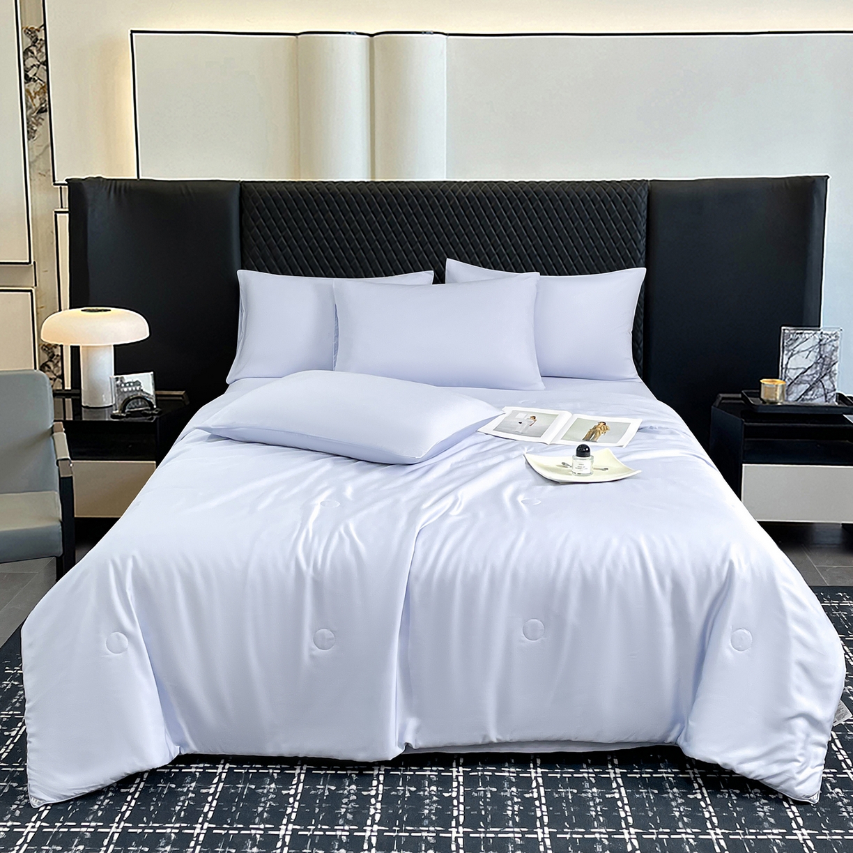 91家纺网 家纺一手货源 找家纺 尊妙被业 2026春夏新款莱赛尔天丝夏被蚕蛹蛋白夏被夏凉被空调被四件套-纯色款 垦丁蓝