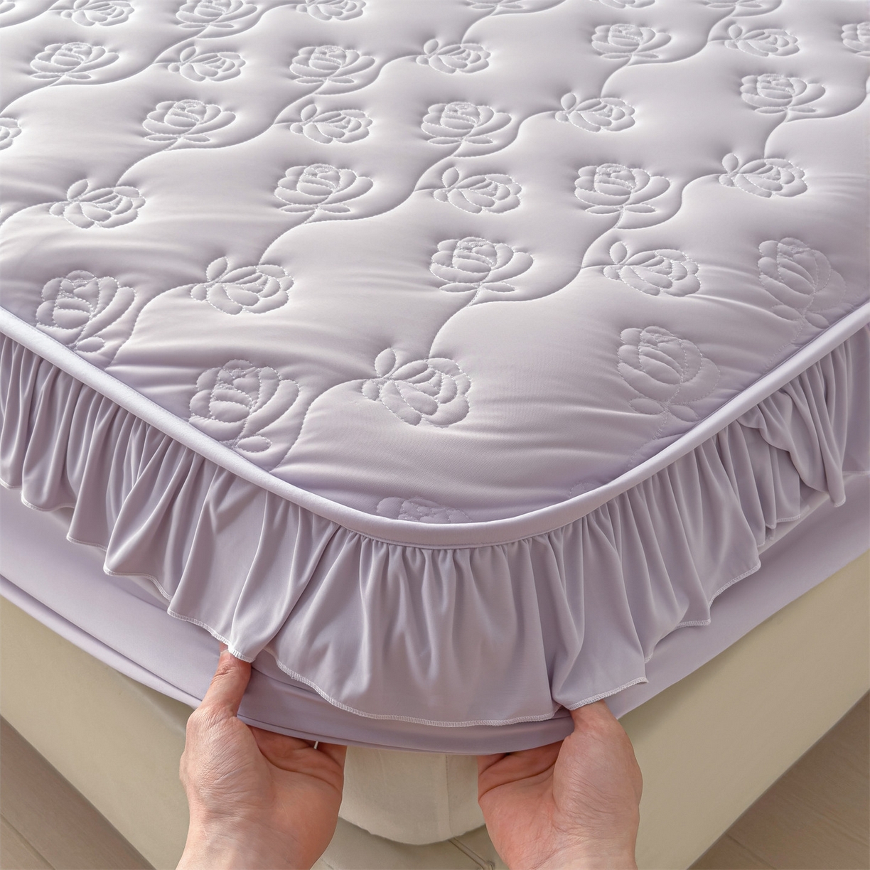 91家纺网 家纺一手货源 找家纺 （总）雯豆家纺 【10A抗菌】2026新品氨纶凉感丝花边床笠三件套+花边夏被夏凉被四件套