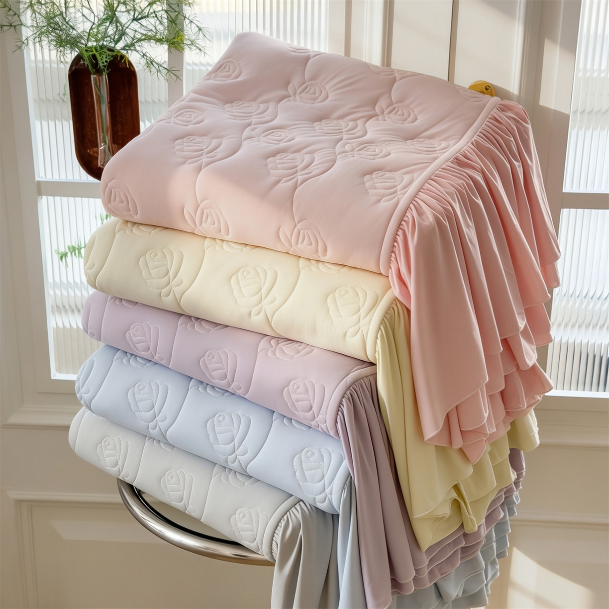 91家纺网 家纺一手货源 找家纺 （总）雯豆家纺 【10A抗菌】2026新品氨纶凉感丝花边床笠三件套+花边夏被夏凉被四件套