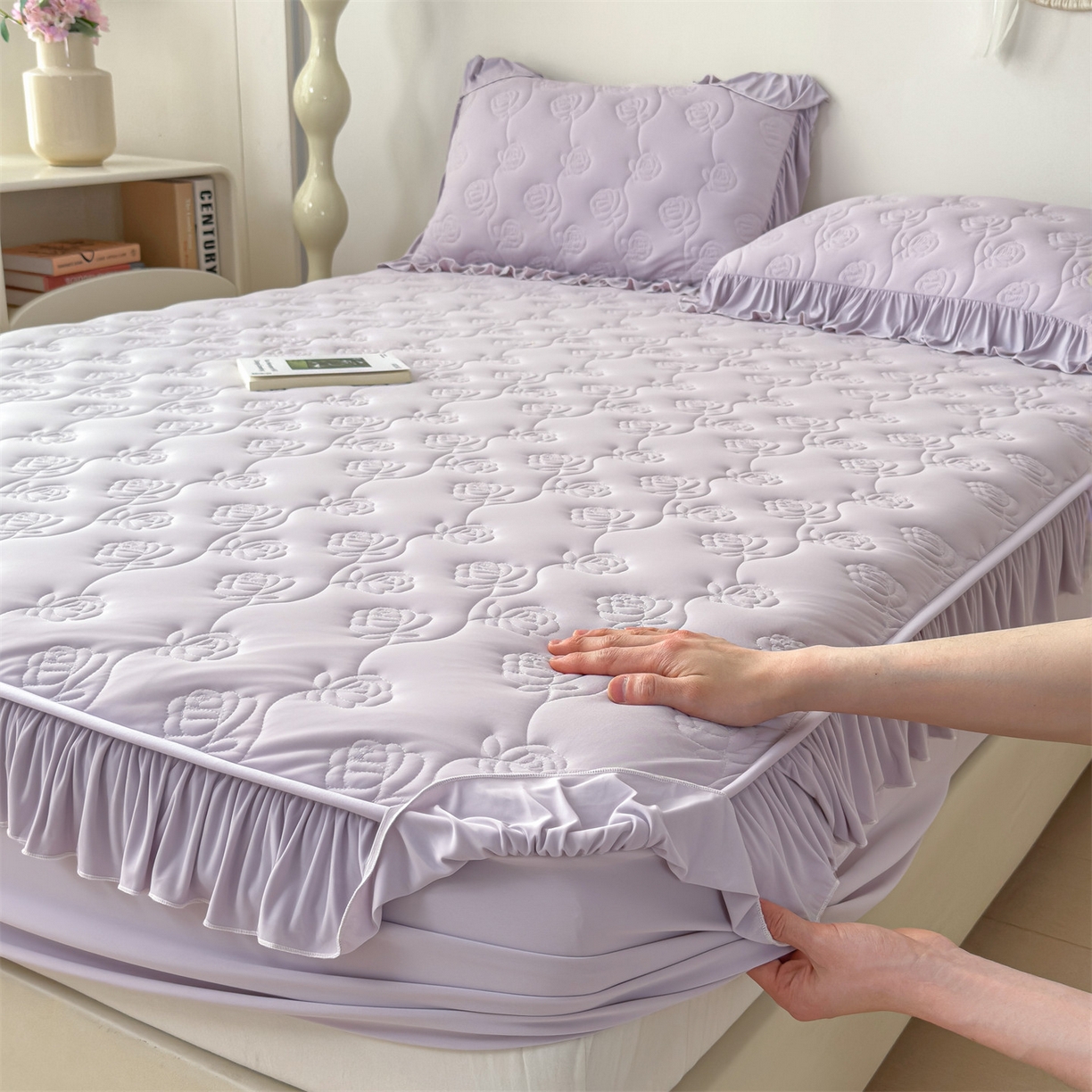 91家纺网 家纺一手货源 找家纺 雯豆家纺 【10A抗菌】2026新品氨纶凉感丝花边床笠三件套+花边夏被夏凉被四件套 氨纶花边床笠-香芋紫