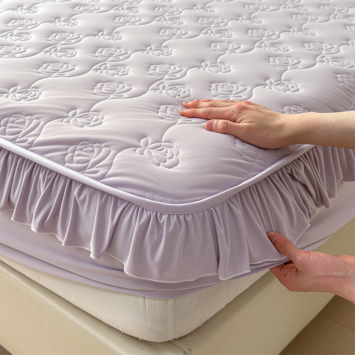 91家纺网 家纺一手货源 找家纺 雯豆家纺 【10A抗菌】2026新品氨纶凉感丝花边床笠三件套+花边夏被夏凉被四件套 氨纶花边床笠-香芋紫