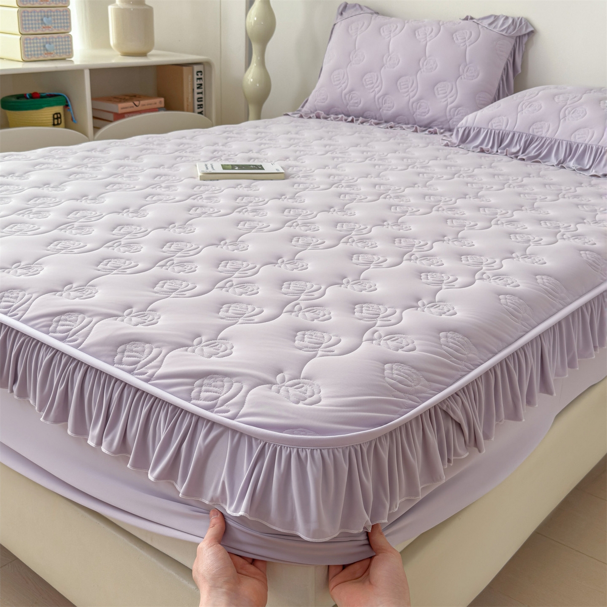 91家纺网 家纺一手货源 找家纺 雯豆家纺 【10A抗菌】2026新品氨纶凉感丝花边床笠三件套+花边夏被夏凉被四件套 氨纶花边床笠-香芋紫