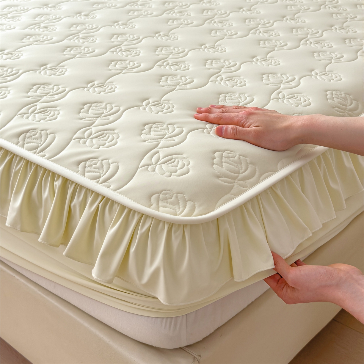 91家纺网 家纺一手货源 找家纺 雯豆家纺 【10A抗菌】2026新品氨纶凉感丝花边床笠三件套+花边夏被夏凉被四件套 氨纶花边床笠-奶黄