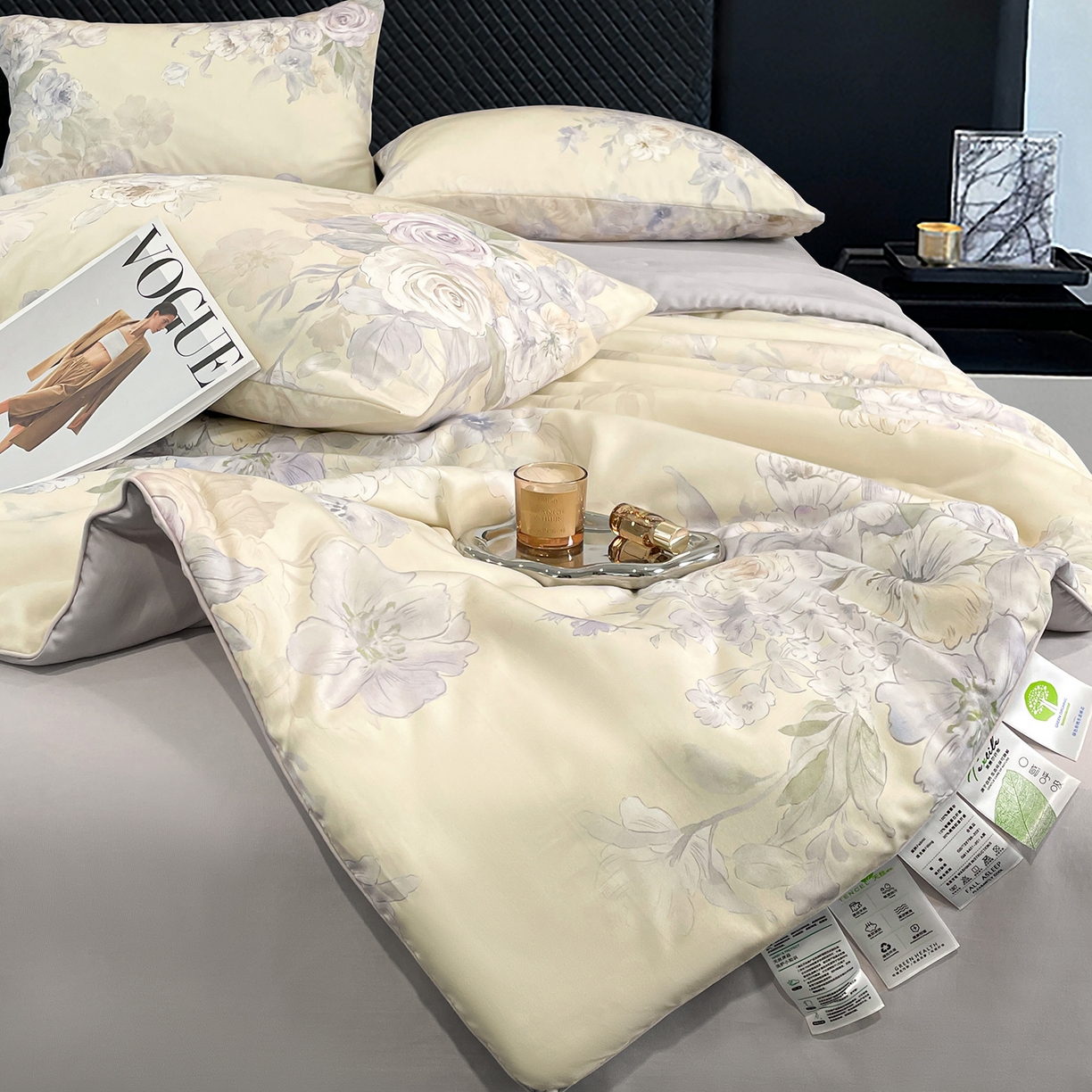 91家纺网 家纺一手货源 找家纺 尊妙被业 2026春夏新款莱赛尔天丝夏被蚕蛹蛋白夏被夏凉被空调被四件套-印花款 暗香绘-棕