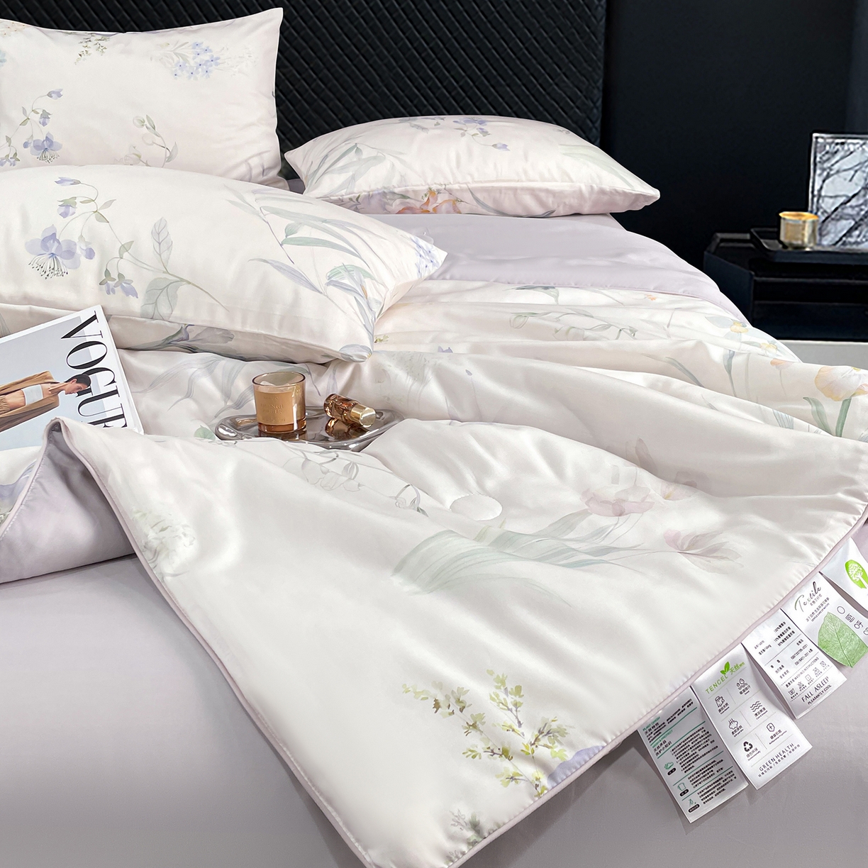 91家纺网 家纺一手货源 找家纺 尊妙被业 2026春夏新款莱赛尔天丝夏被蚕蛹蛋白夏被夏凉被空调被四件套-印花款 林屿间-粉