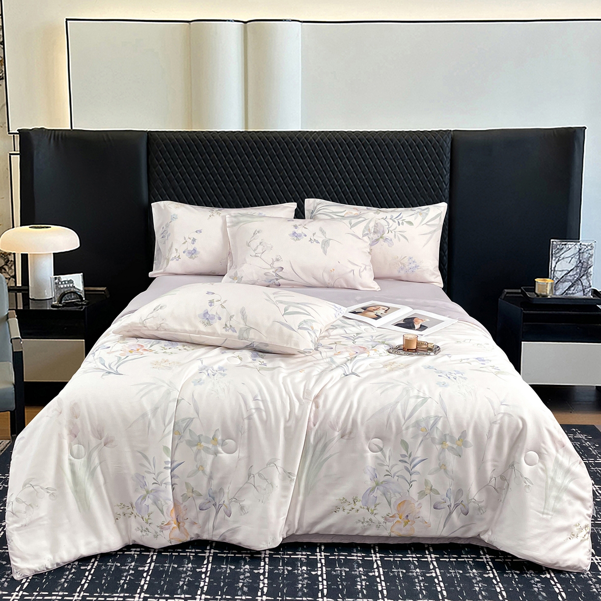 91家纺网 家纺一手货源 找家纺 尊妙被业 2026春夏新款莱赛尔天丝夏被蚕蛹蛋白夏被夏凉被空调被四件套-印花款 林屿间-粉