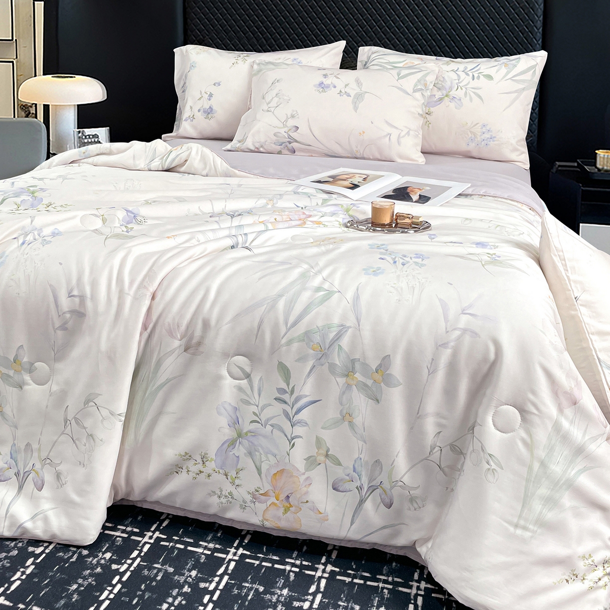 91家纺网 家纺一手货源 找家纺 尊妙被业 2026春夏新款莱赛尔天丝夏被蚕蛹蛋白夏被夏凉被空调被四件套-印花款 林屿间-粉