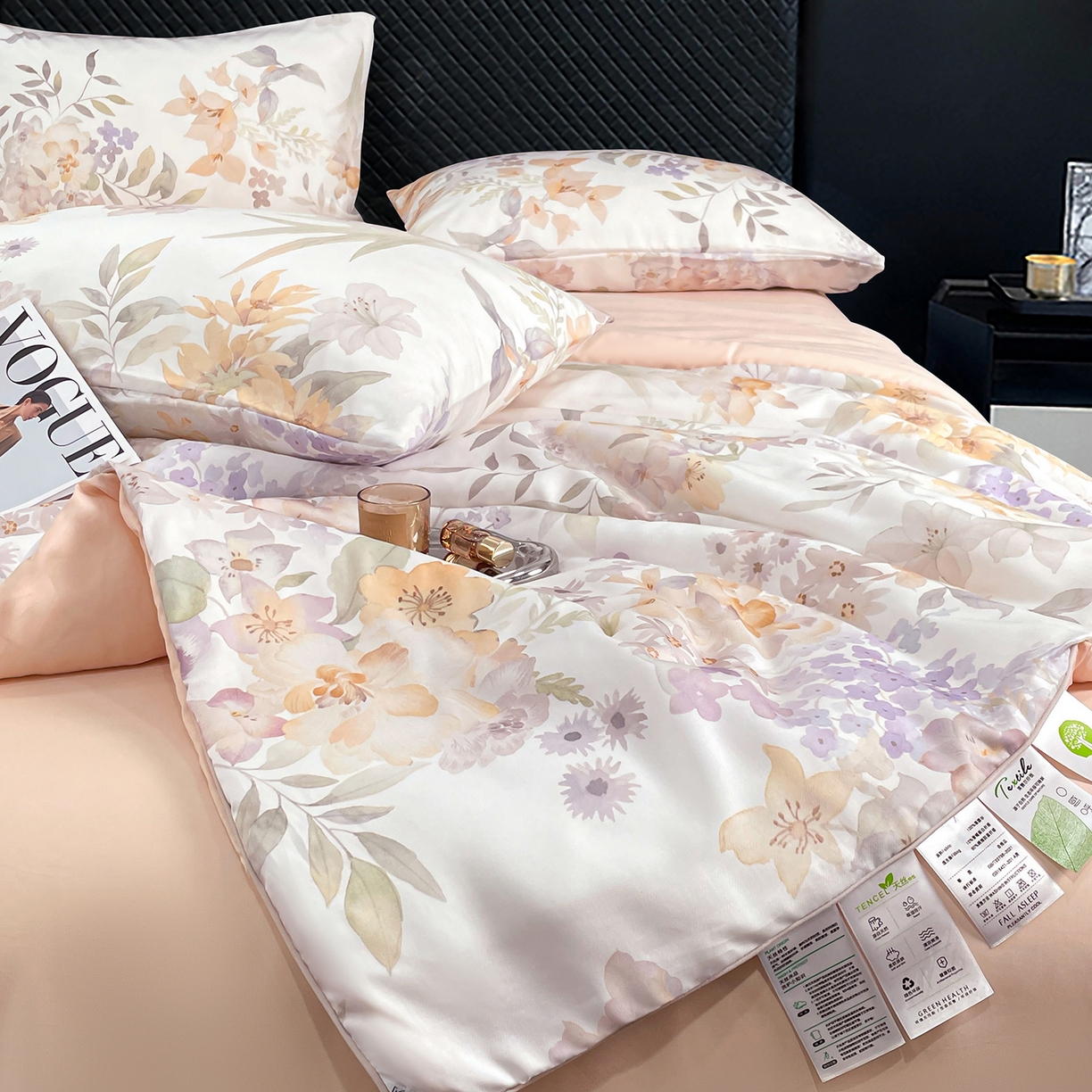 91家纺网 家纺一手货源 找家纺 尊妙被业 2026春夏新款莱赛尔天丝夏被蚕蛹蛋白夏被夏凉被空调被四件套-印花款 林语花夏-米