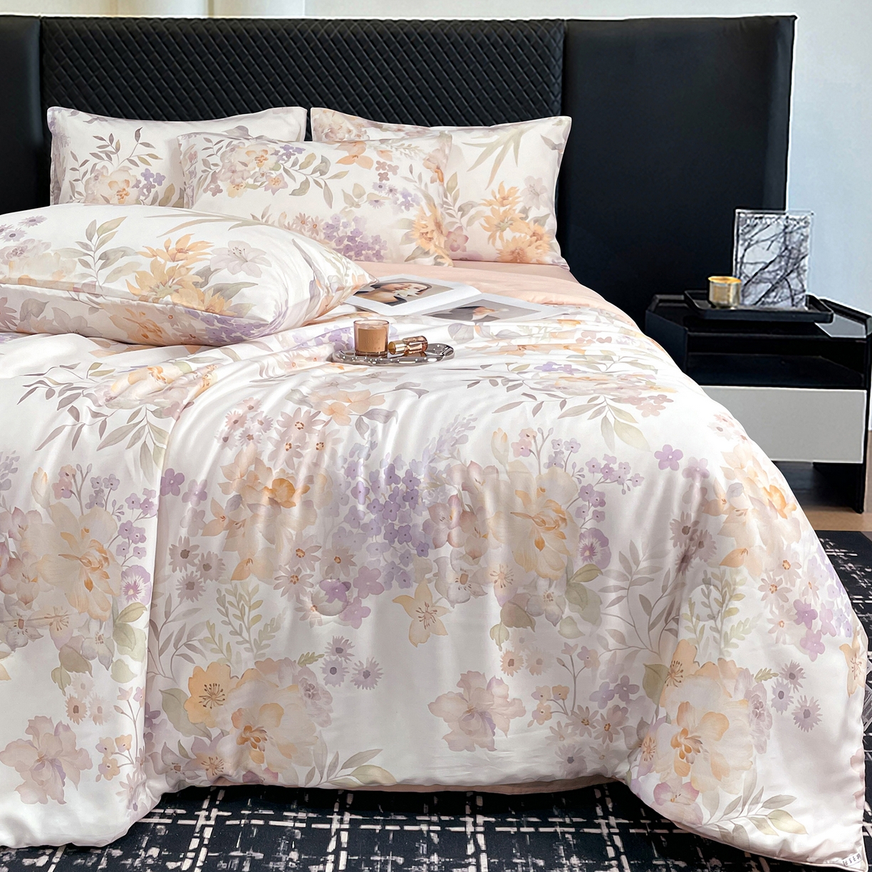 91家纺网 家纺一手货源 找家纺 尊妙被业 2026春夏新款莱赛尔天丝夏被蚕蛹蛋白夏被夏凉被空调被四件套-印花款 林语花夏-米