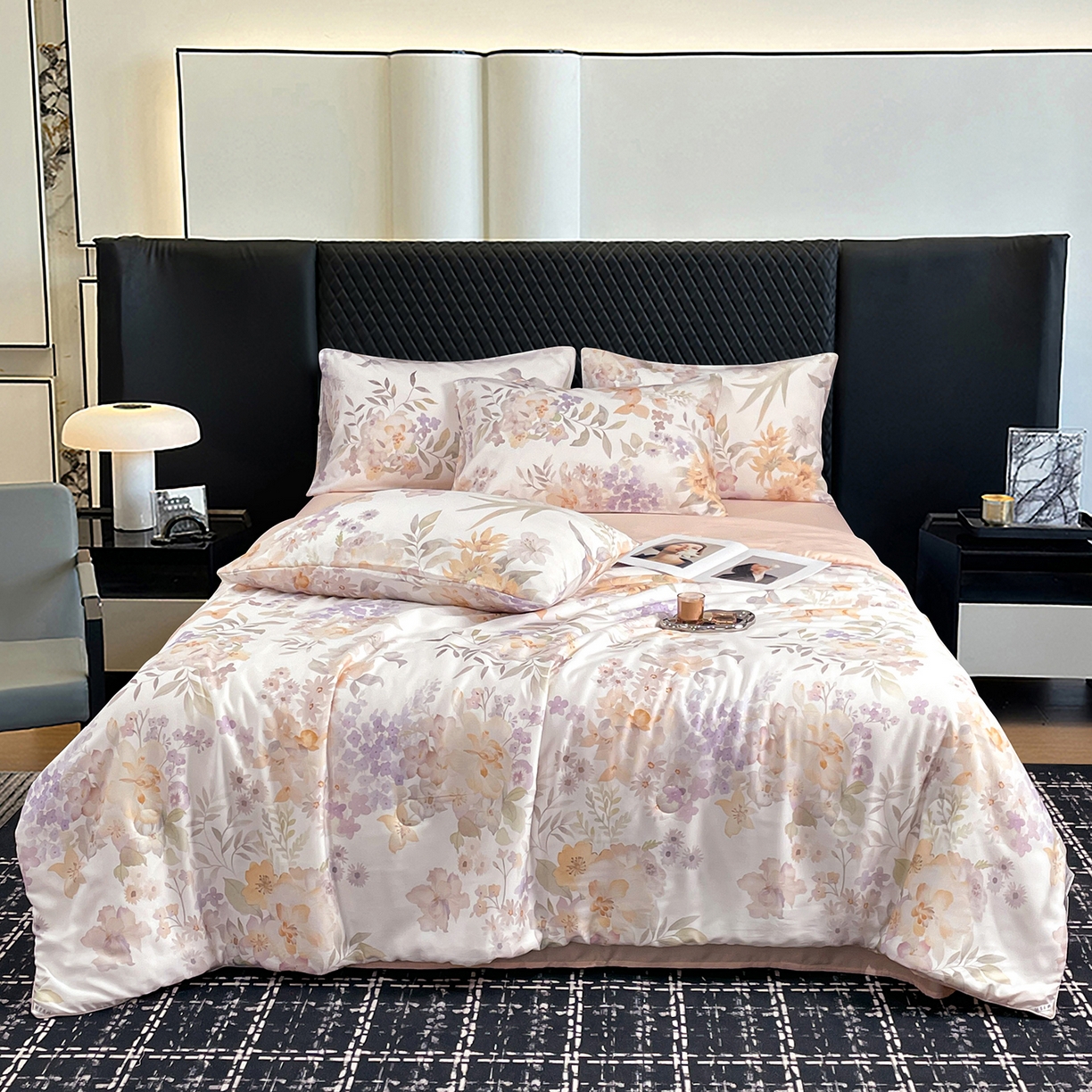 91家纺网 家纺一手货源 找家纺 尊妙被业 2026春夏新款莱赛尔天丝夏被蚕蛹蛋白夏被夏凉被空调被四件套-印花款 林语花夏-米