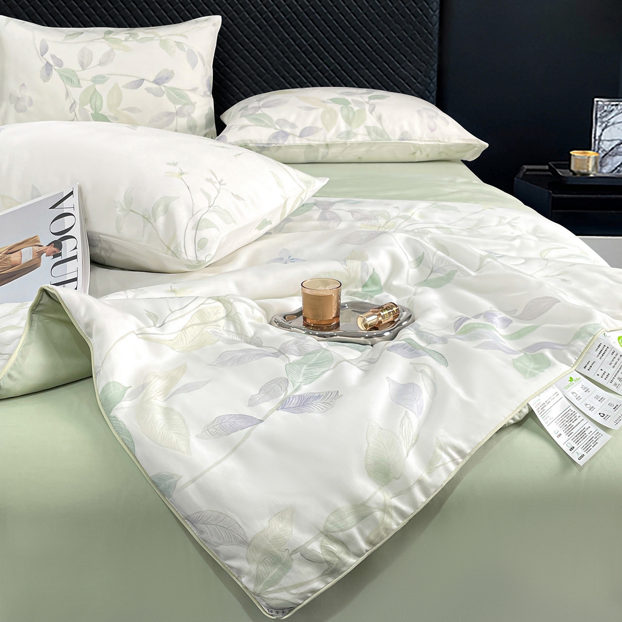 91家纺网 家纺一手货源 找家纺 尊妙被业 2026春夏新款莱赛尔天丝夏被蚕蛹蛋白夏被夏凉被空调被四件套-印花款 柳语素枝-绿
