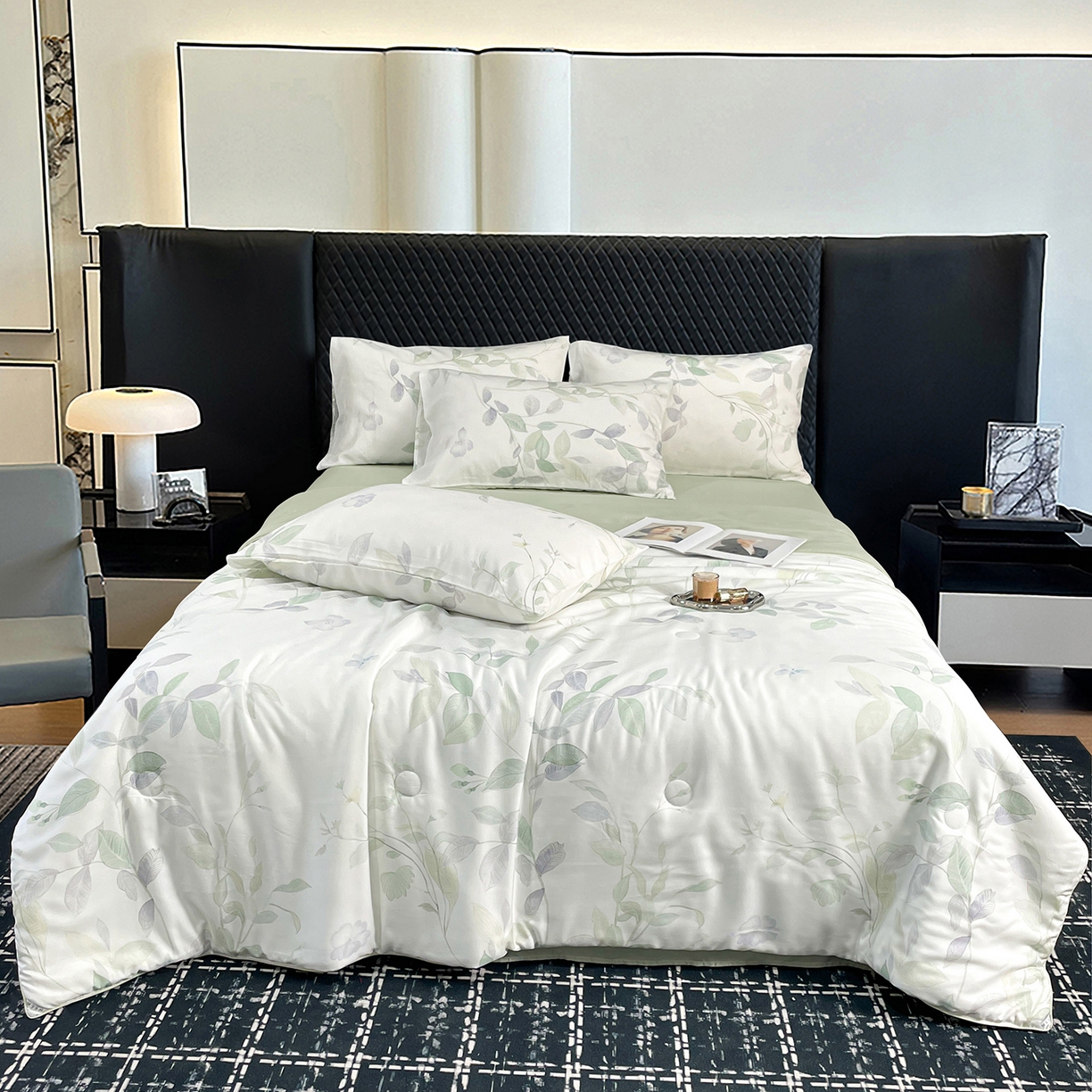 91家纺网 家纺一手货源 找家纺 尊妙被业 2026春夏新款莱赛尔天丝夏被蚕蛹蛋白夏被夏凉被空调被四件套-印花款 柳语素枝-绿