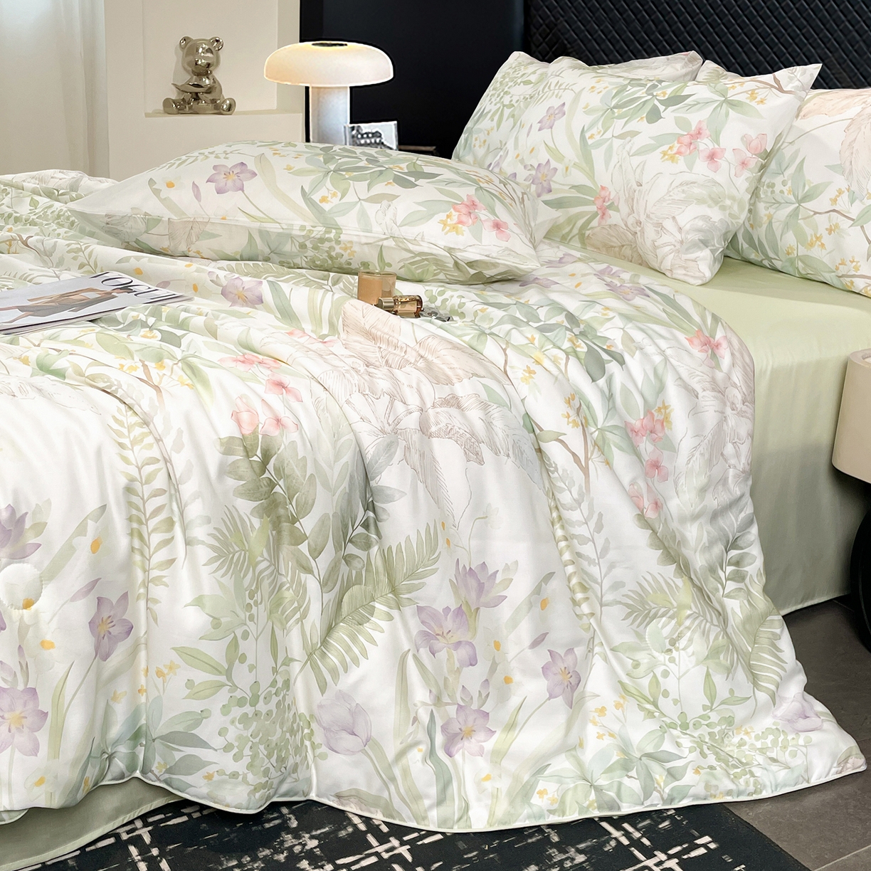 91家纺网 家纺一手货源 找家纺 尊妙被业 2026春夏新款莱赛尔天丝夏被蚕蛹蛋白夏被夏凉被空调被四件套-印花款 蔓行-绿