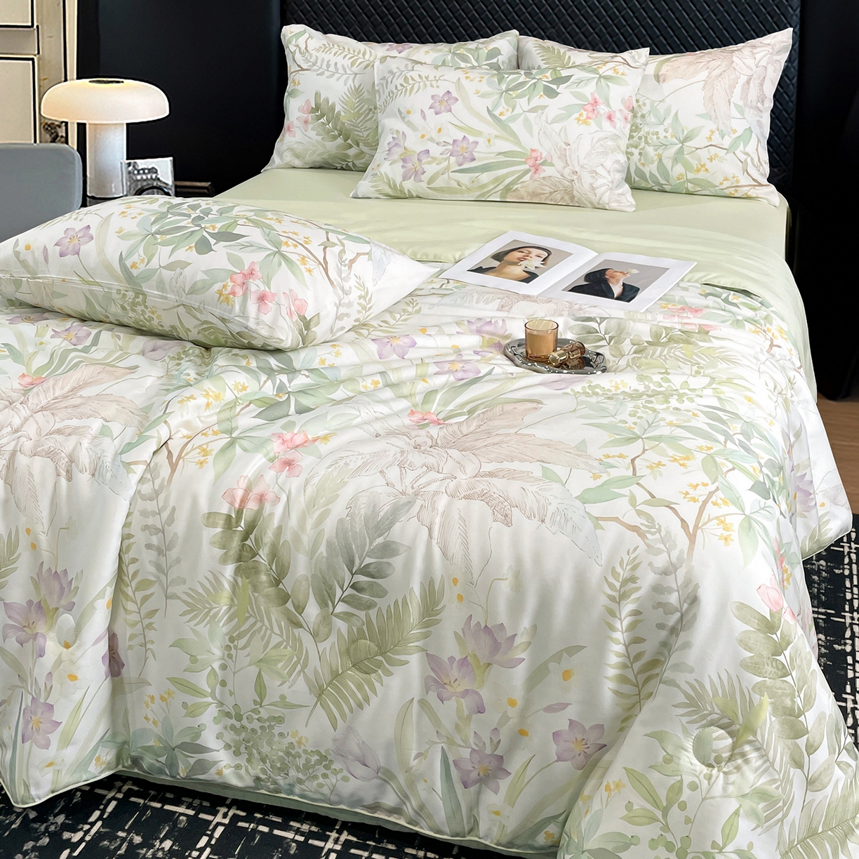 91家纺网 家纺一手货源 找家纺 尊妙被业 2026春夏新款莱赛尔天丝夏被蚕蛹蛋白夏被夏凉被空调被四件套-印花款 蔓行-绿