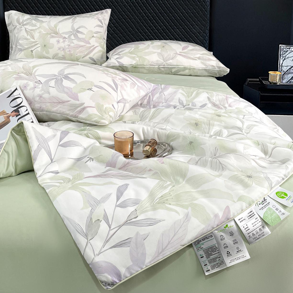 91家纺网 家纺一手货源 找家纺 尊妙被业 2026春夏新款莱赛尔天丝夏被蚕蛹蛋白夏被夏凉被空调被四件套-印花款 自然低语-绿