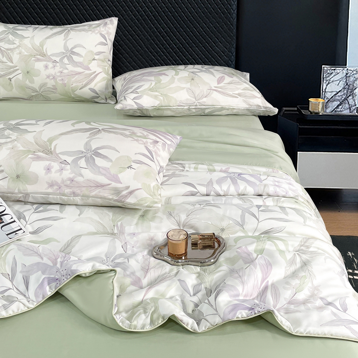 91家纺网 家纺一手货源 找家纺 尊妙被业 2026春夏新款莱赛尔天丝夏被蚕蛹蛋白夏被夏凉被空调被四件套-印花款 自然低语-绿