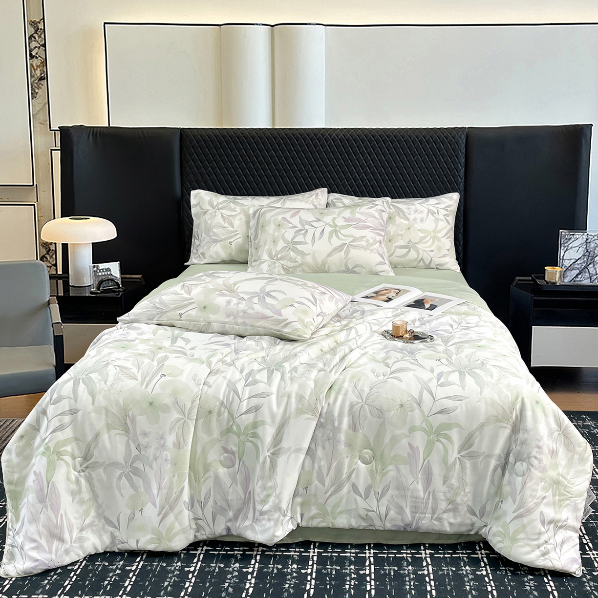 91家纺网 家纺一手货源 找家纺 尊妙被业 2026春夏新款莱赛尔天丝夏被蚕蛹蛋白夏被夏凉被空调被四件套-印花款 自然低语-绿