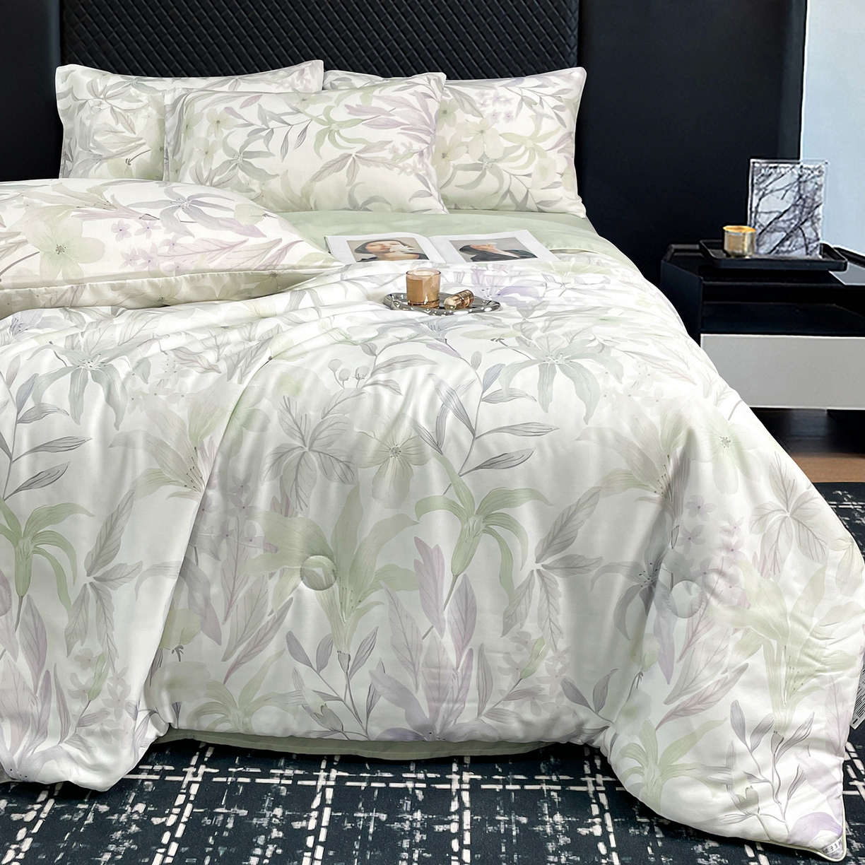 91家纺网 家纺一手货源 找家纺 尊妙被业 2026春夏新款莱赛尔天丝夏被蚕蛹蛋白夏被夏凉被空调被四件套-印花款 自然低语-绿