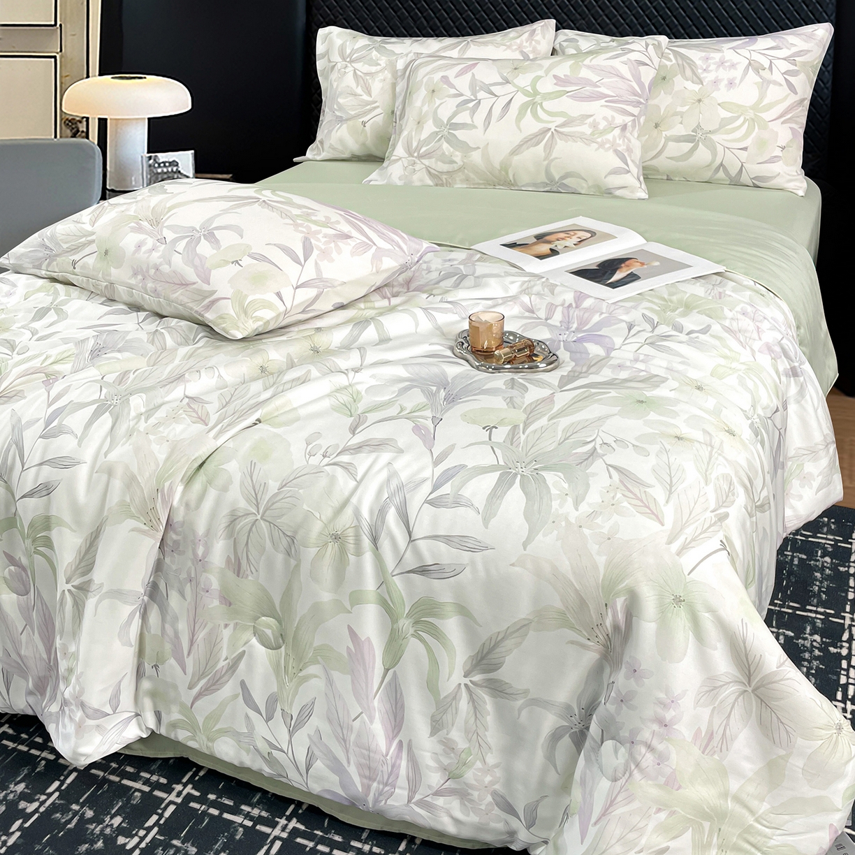 91家纺网 家纺一手货源 找家纺 尊妙被业 2026春夏新款莱赛尔天丝夏被蚕蛹蛋白夏被夏凉被空调被四件套-印花款 自然低语-绿