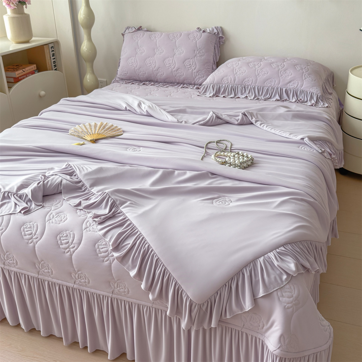 91家纺网 家纺一手货源 找家纺 （总）雯豆家纺 【10A抗菌】2026新款氨纶凉感丝花边床裙床盖夏季冰感床罩+花边夏被四件套