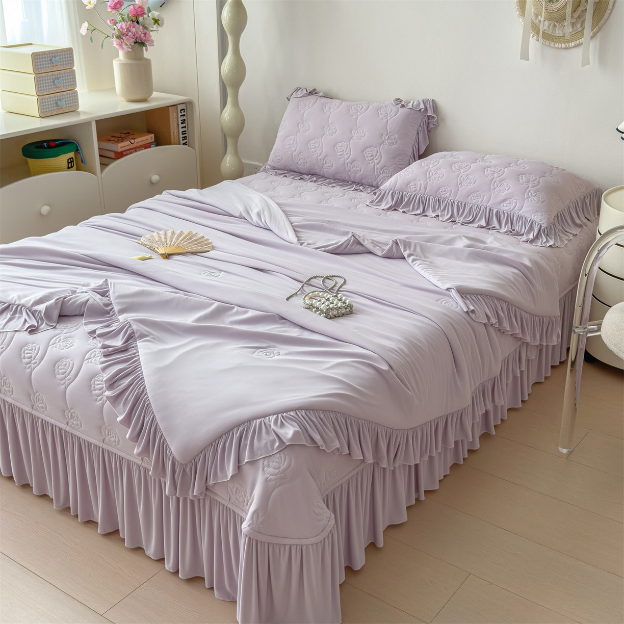 91家纺网 家纺一手货源 找家纺 （总）雯豆家纺 【10A抗菌】2026新款氨纶凉感丝花边床裙床盖夏季冰感床罩+花边夏被四件套