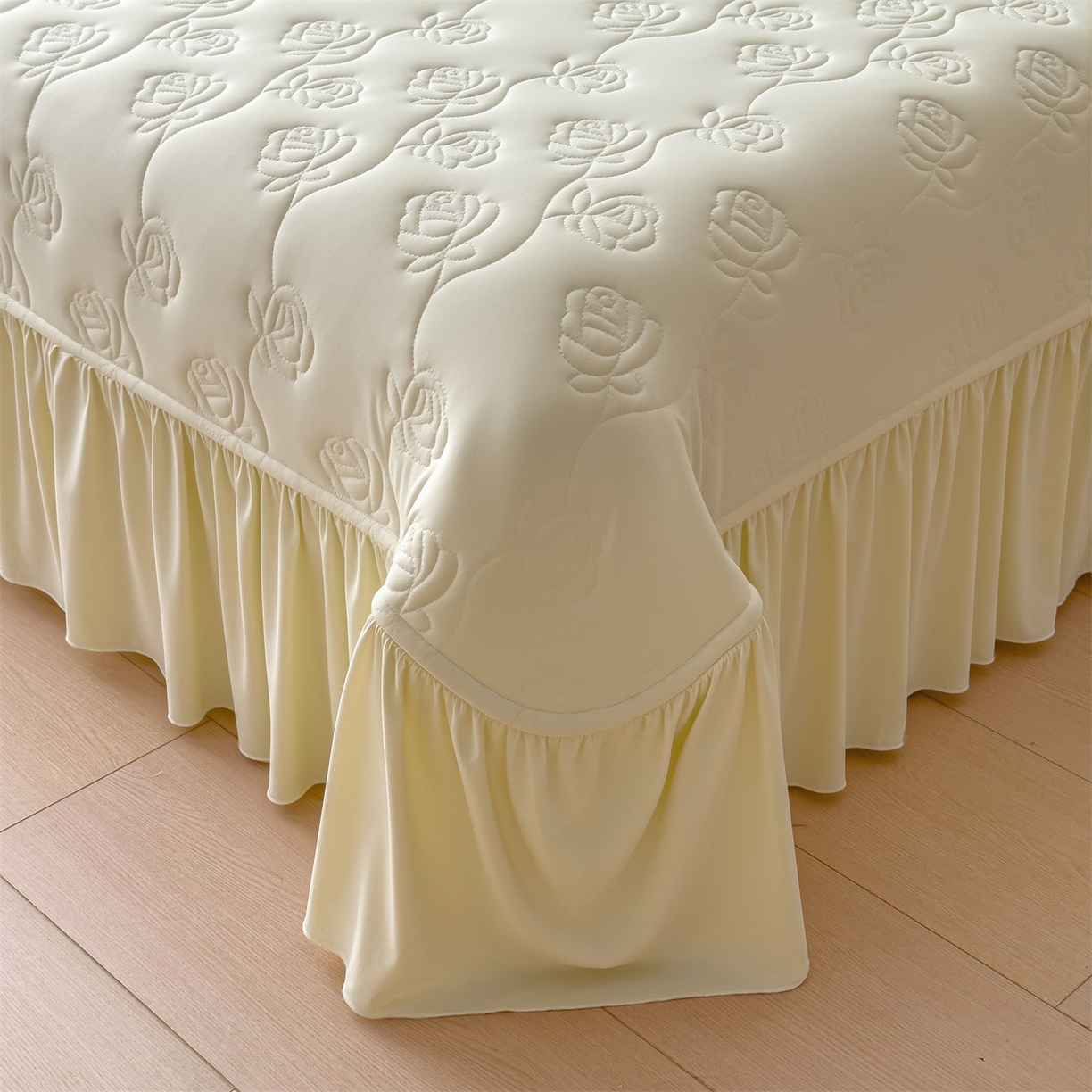 雯豆家纺 【10A抗菌】2026新款氨纶凉感丝花边床裙床盖夏季冰感床罩+花边夏被四件套 氨纶花边床裙-奶黄