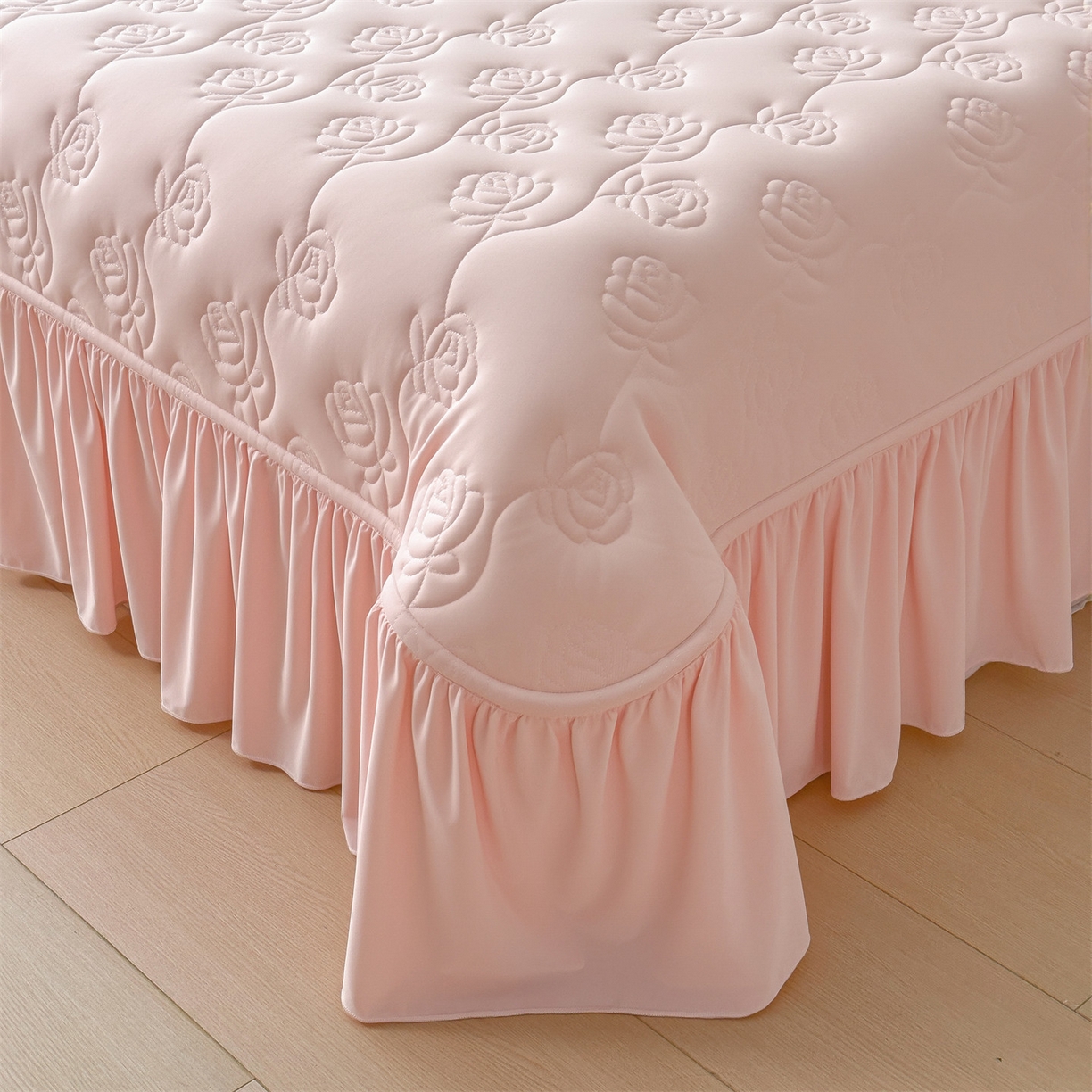 雯豆家纺 【10A抗菌】2026新款氨纶凉感丝花边床裙床盖夏季冰感床罩+花边夏被四件套 氨纶花边床裙-浅粉