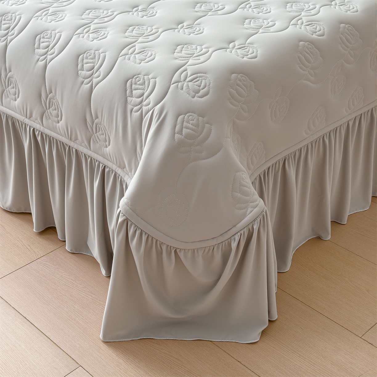 雯豆家纺 【10A抗菌】2026新款氨纶凉感丝花边床裙床盖夏季冰感床罩+花边夏被四件套 氨纶花边床裙-浅灰