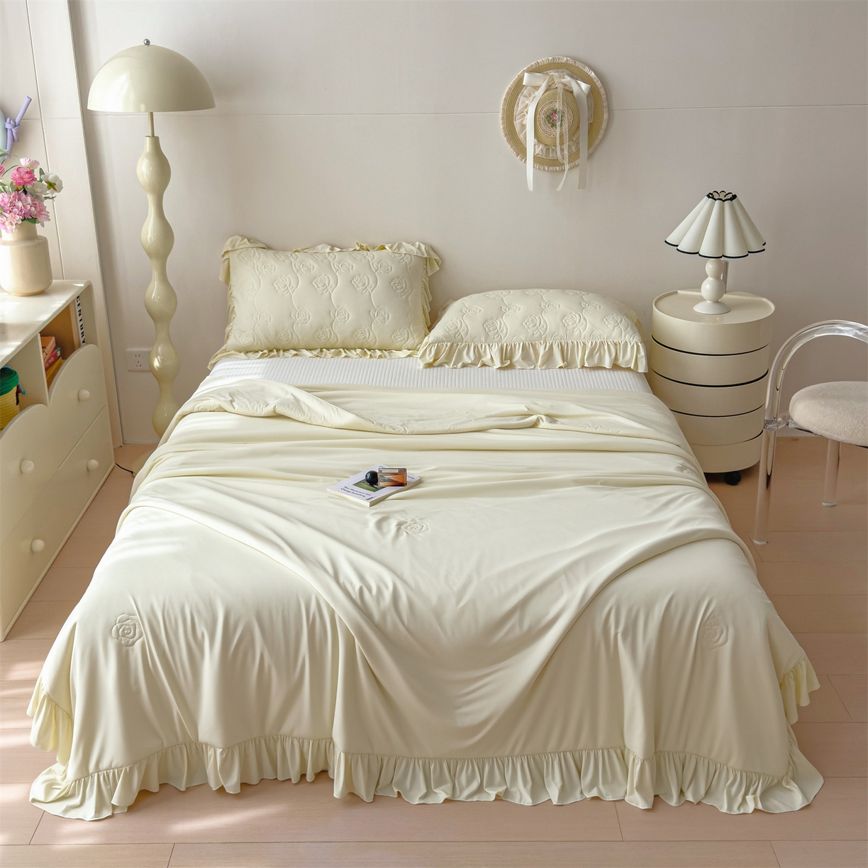 91家纺网 家纺一手货源 找家纺 雯豆家纺 【10A抗菌】2026新款氨纶凉感丝花边夏被夏凉被夏季冰丝空调被子被芯 氨纶花边夏被-奶黄