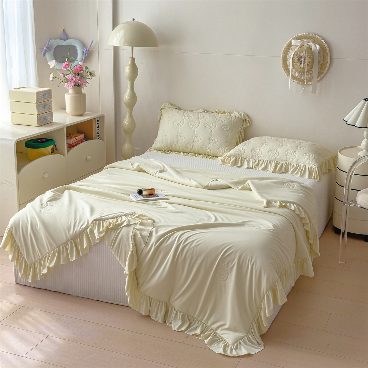 91家纺网 家纺一手货源 找家纺 雯豆家纺 【10A抗菌】2026新款氨纶凉感丝花边夏被夏凉被夏季冰丝空调被子被芯 氨纶花边夏被-奶黄