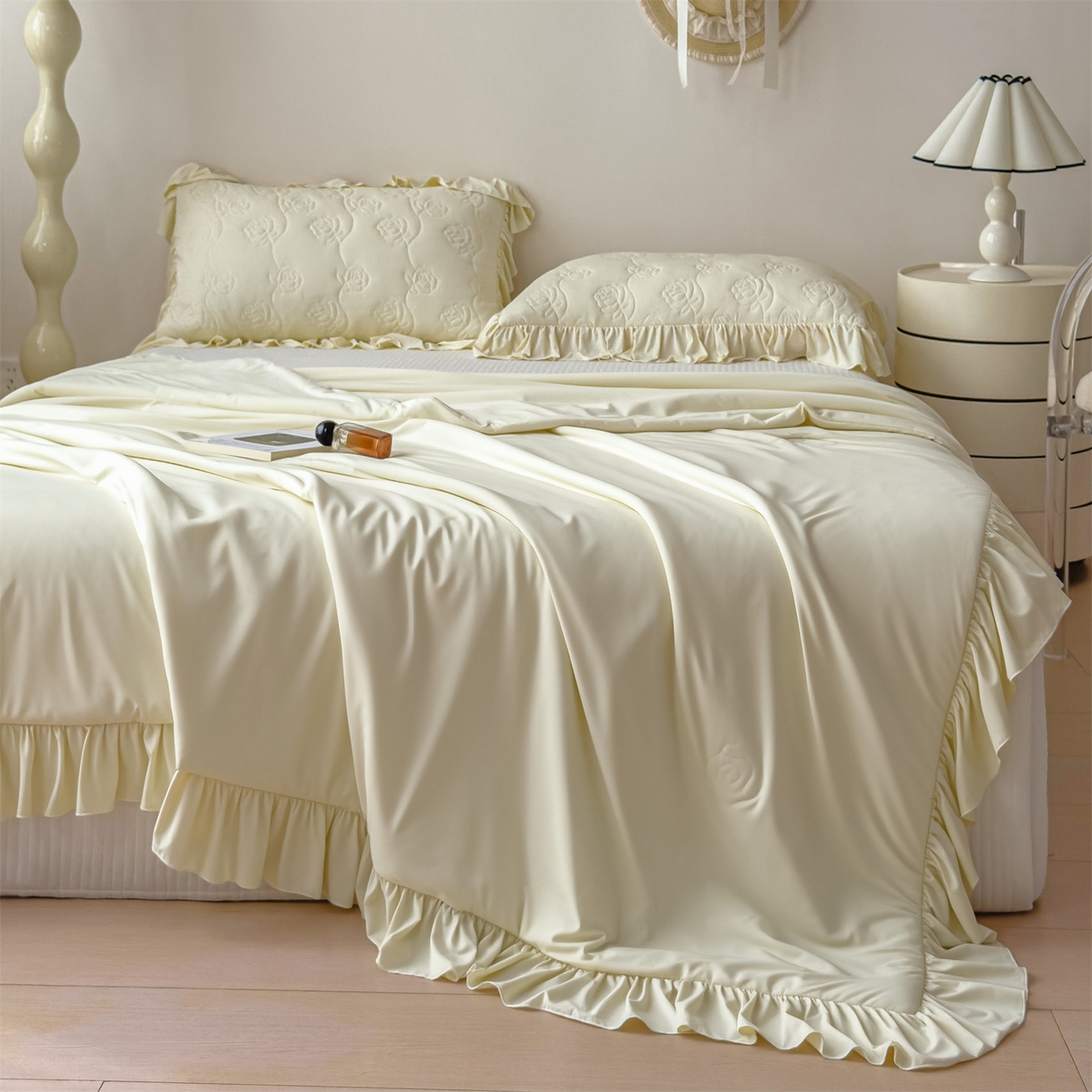 91家纺网 家纺一手货源 找家纺 雯豆家纺 【10A抗菌】2026新款氨纶凉感丝花边夏被夏凉被夏季冰丝空调被子被芯 氨纶花边夏被-奶黄