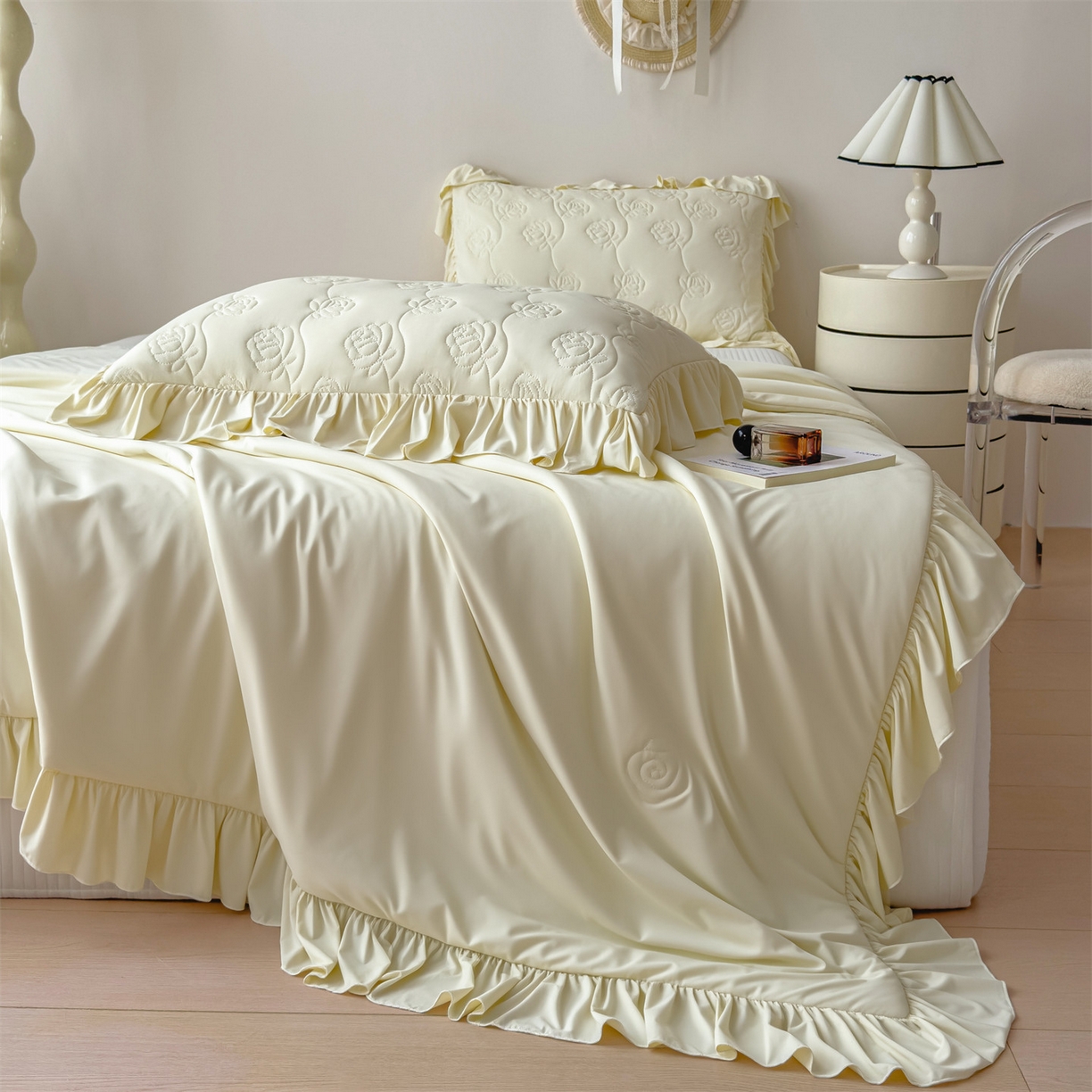 91家纺网 家纺一手货源 找家纺 雯豆家纺 【10A抗菌】2026新款氨纶凉感丝花边夏被夏凉被夏季冰丝空调被子被芯 氨纶花边夏被-奶黄