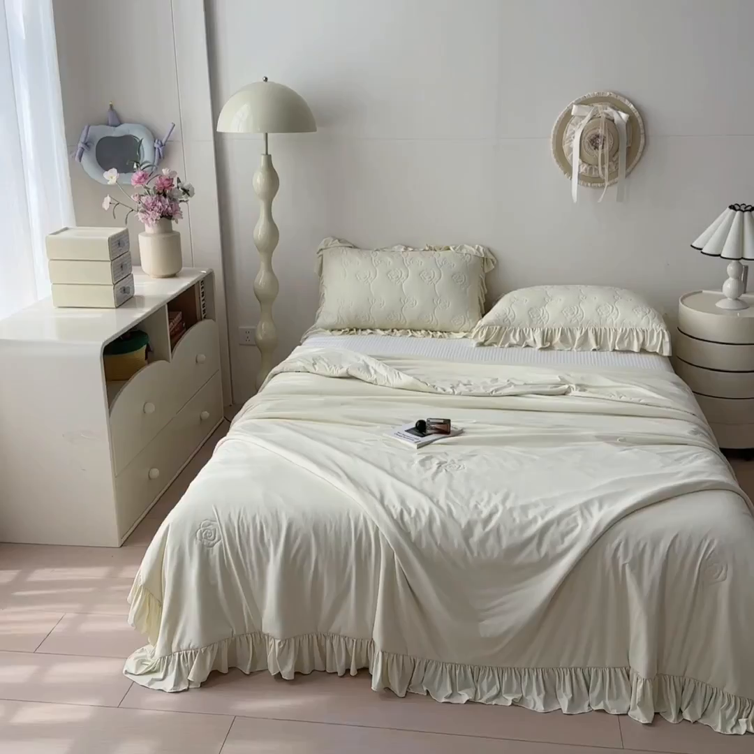 91家纺网 家纺一手货源 找家纺 雯豆家纺 【10A抗菌】2026新款氨纶凉感丝花边夏被夏凉被夏季冰丝空调被子被芯 氨纶花边夏被-奶黄