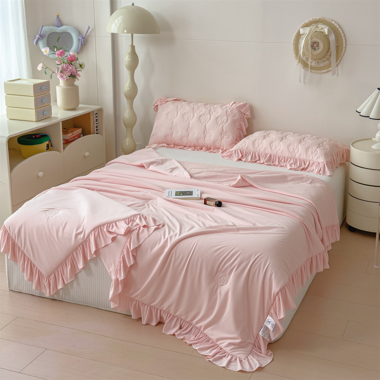 91家纺网 家纺一手货源 找家纺 雯豆家纺 【10A抗菌】2026新款氨纶凉感丝花边夏被夏凉被夏季冰丝空调被子被芯 氨纶花边夏被-浅粉