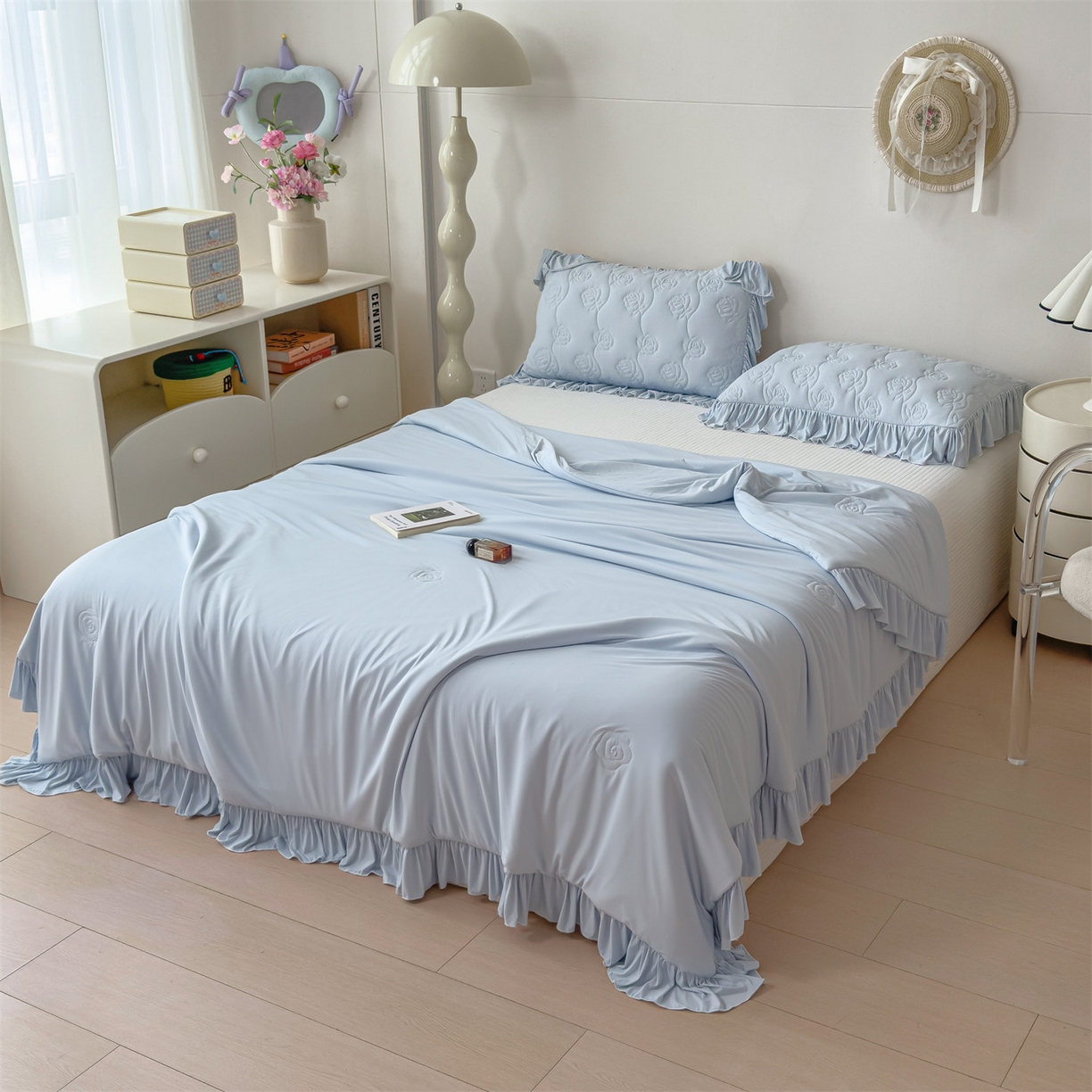 91家纺网 家纺一手货源 找家纺 雯豆家纺 【10A抗菌】2026新款氨纶凉感丝花边夏被夏凉被夏季冰丝空调被子被芯 氨纶花边夏被-水蓝