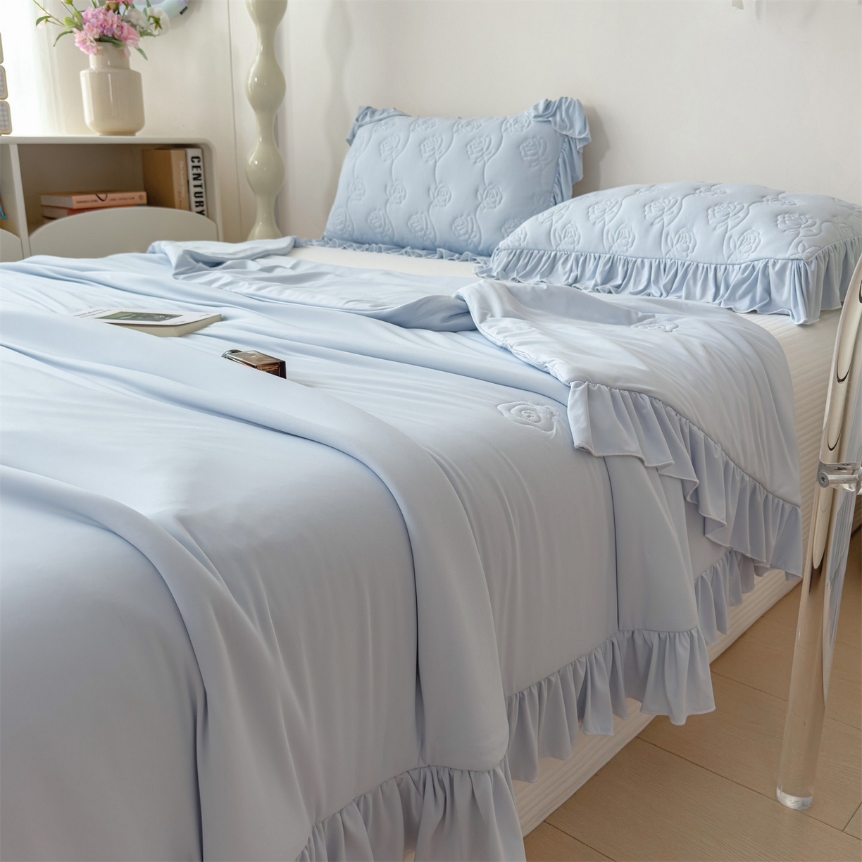 91家纺网 家纺一手货源 找家纺 雯豆家纺 【10A抗菌】2026新款氨纶凉感丝花边夏被夏凉被夏季冰丝空调被子被芯 氨纶花边夏被-水蓝