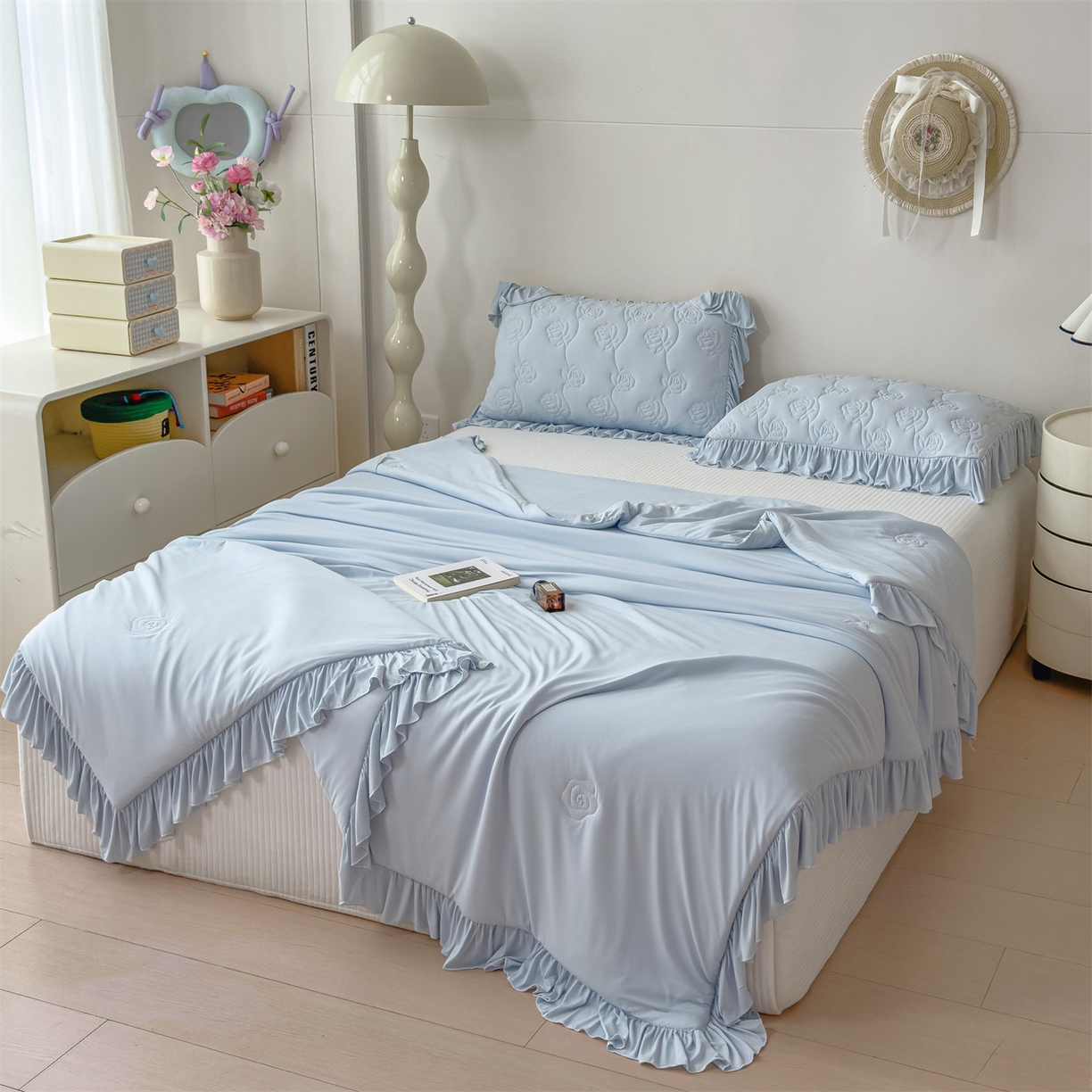 91家纺网 家纺一手货源 找家纺 雯豆家纺 【10A抗菌】2026新款氨纶凉感丝花边夏被夏凉被夏季冰丝空调被子被芯 氨纶花边夏被-水蓝