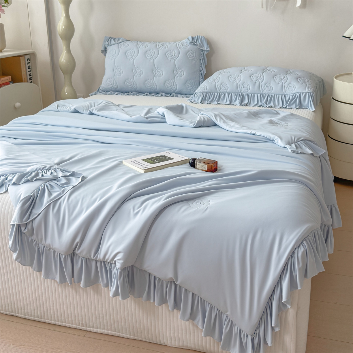 91家纺网 家纺一手货源 找家纺 雯豆家纺 【10A抗菌】2026新款氨纶凉感丝花边夏被夏凉被夏季冰丝空调被子被芯 氨纶花边夏被-水蓝