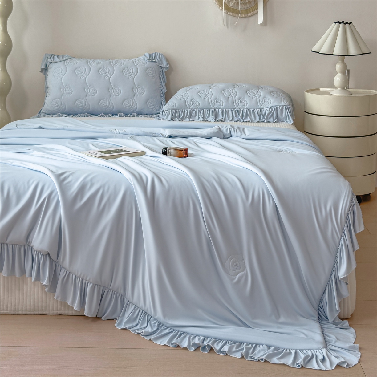 91家纺网 家纺一手货源 找家纺 雯豆家纺 【10A抗菌】2026新款氨纶凉感丝花边夏被夏凉被夏季冰丝空调被子被芯 氨纶花边夏被-水蓝