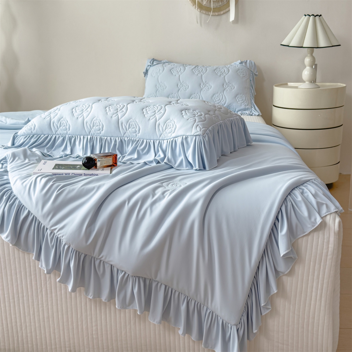 91家纺网 家纺一手货源 找家纺 雯豆家纺 【10A抗菌】2026新款氨纶凉感丝花边夏被夏凉被夏季冰丝空调被子被芯 氨纶花边夏被-水蓝