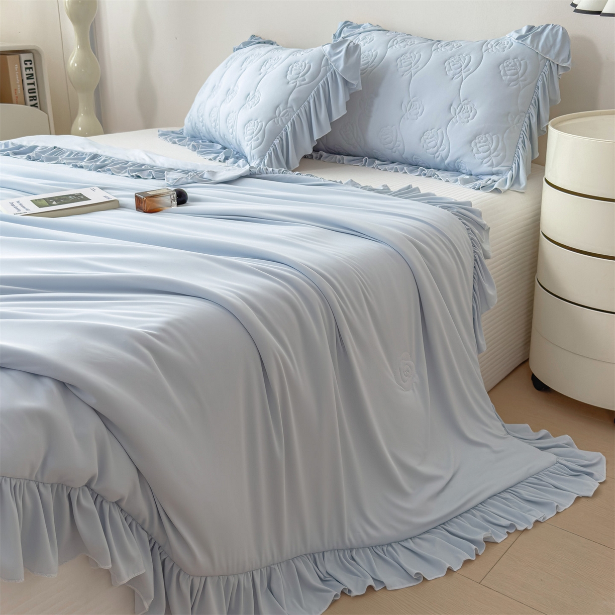 91家纺网 家纺一手货源 找家纺 雯豆家纺 【10A抗菌】2026新款氨纶凉感丝花边夏被夏凉被夏季冰丝空调被子被芯 氨纶花边夏被-水蓝