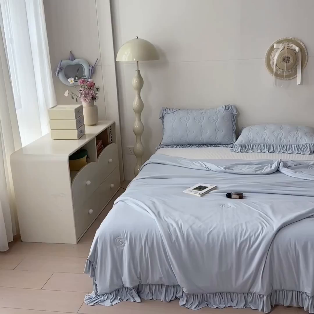 91家纺网 家纺一手货源 找家纺 雯豆家纺 【10A抗菌】2026新款氨纶凉感丝花边夏被夏凉被夏季冰丝空调被子被芯 氨纶花边夏被-水蓝