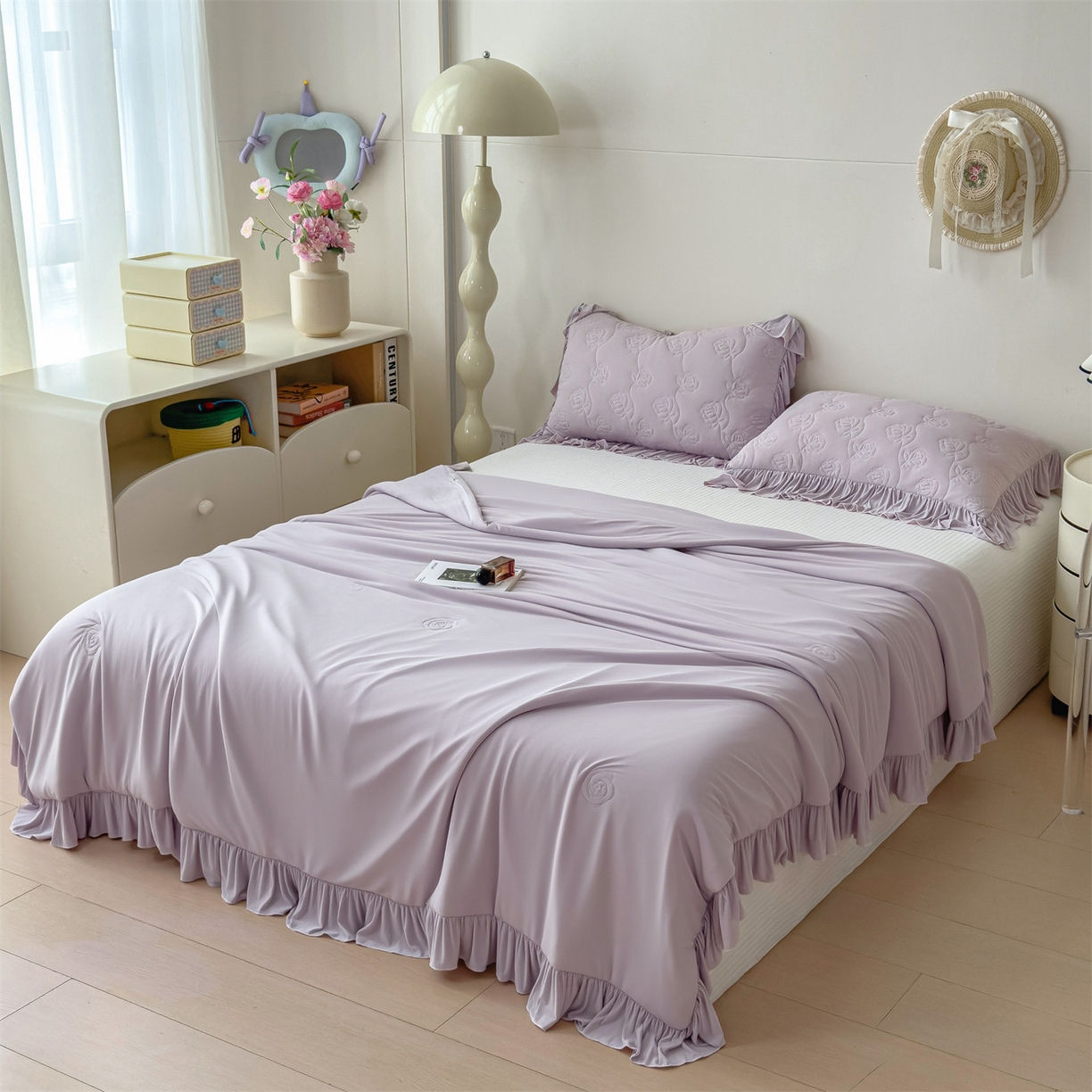 91家纺网 家纺一手货源 找家纺 雯豆家纺 【10A抗菌】2026新款氨纶凉感丝花边夏被夏凉被夏季冰丝空调被子被芯 氨纶花边夏被-香芋紫